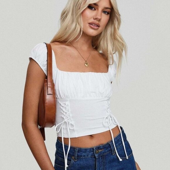 Princess Polly White Ruched Crop Top T-Shirt with Lace Up Detail - Picture 1 of 5